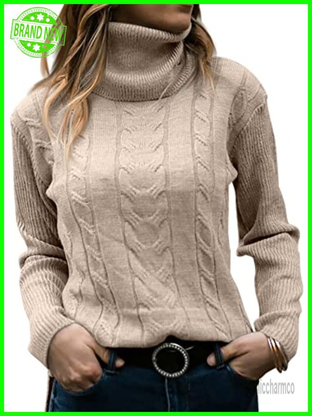 Turtleneck Long Sleeve Cable Knit Pullover Sweater Ribbed Knit